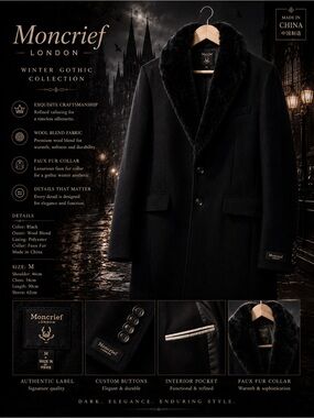 Men's black Wool Pea Coat with Black Fur Shawl Collar